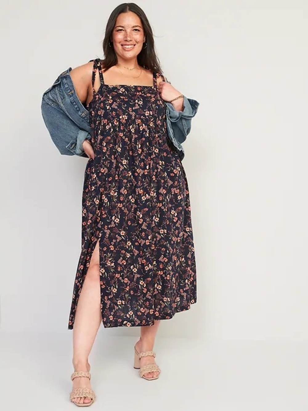 Old Navy Navy Floral Midi Dress with Pink and Peach Print, Size L